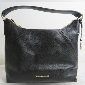 NWT Michael Kors Black Grained Leather Aria Hobo Shoulder Bag, (11" x13" x4")